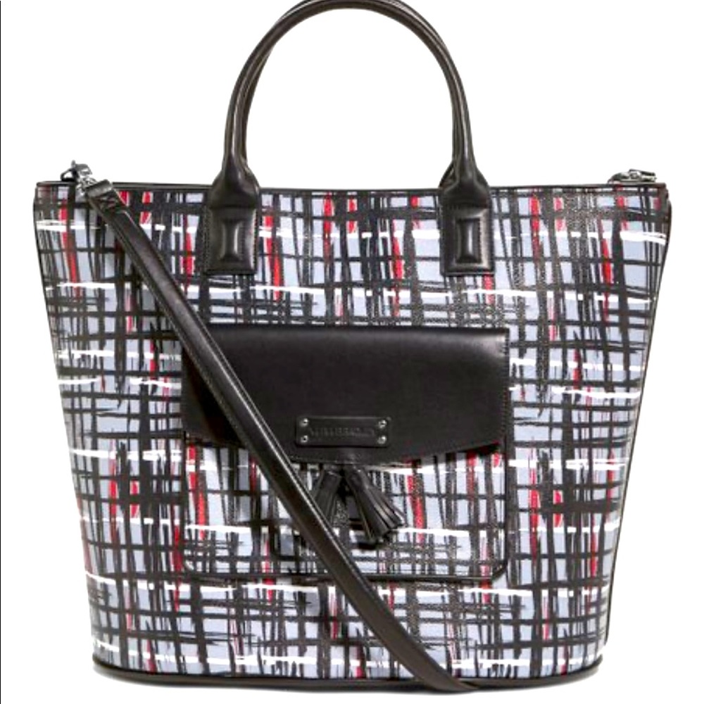 Vera Bradley Black/White Faux Leather Art Plaid Tassel Tote